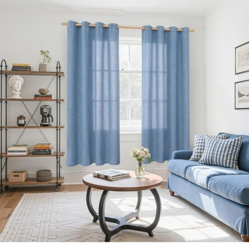 Flax Linen Texture Window Curtains Blue Bronze Grommet Light Filtering 2pc New